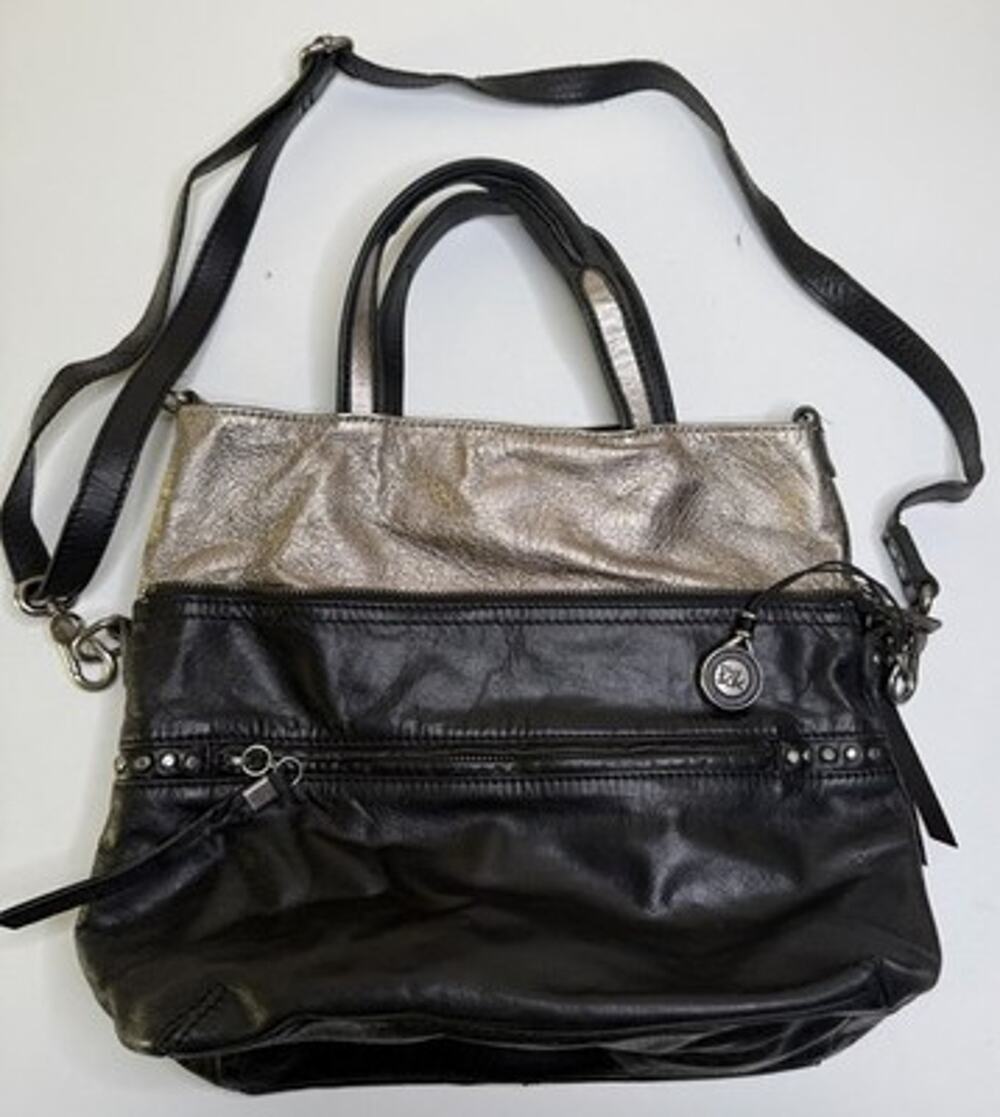 The Sak Brea Convertible Crossbody Black Metallic Gold Leather Dual Handle Bag
